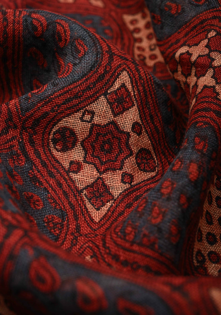 Deep Red Linen by Cotton Saree with Ajrakh Handblock Print and Minimal Silver Zari Border