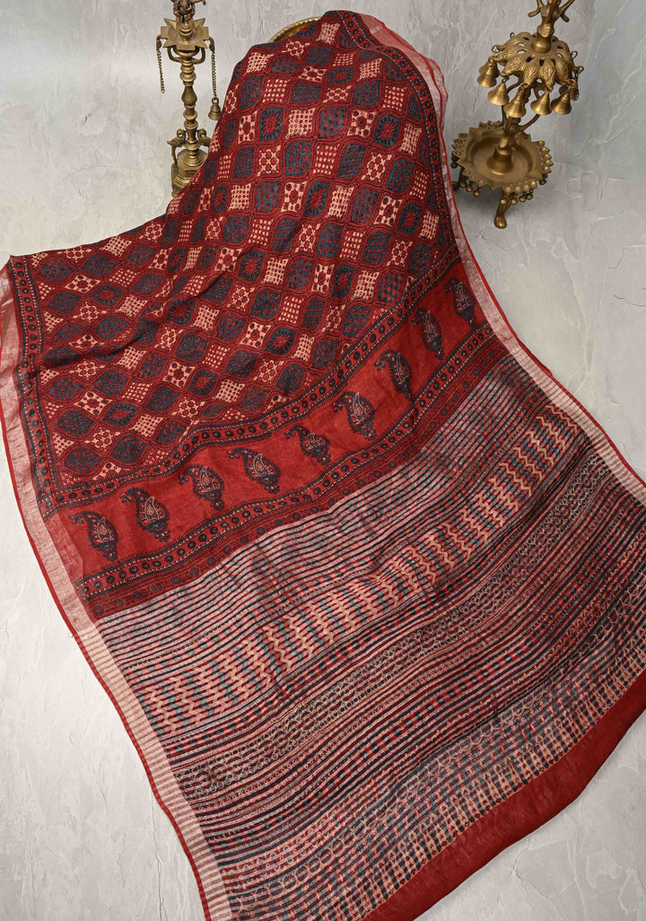 Deep Red Linen by Cotton Saree with Ajrakh Handblock Print and Minimal Silver Zari Border