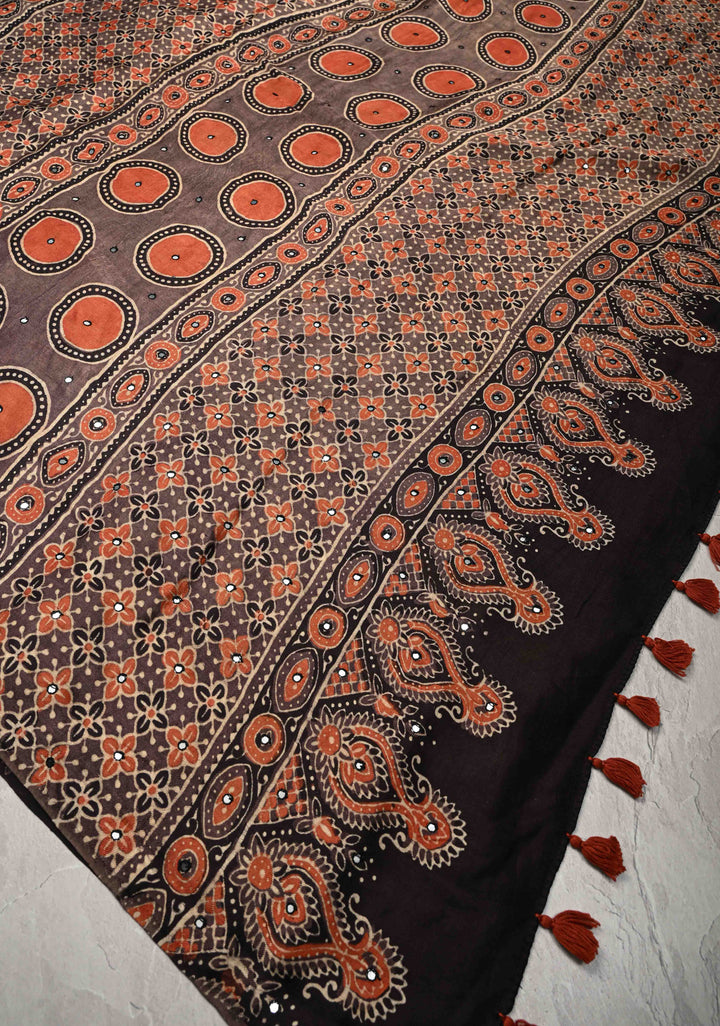 Black Floral Hand Block Print on Modal Silk Saree with Mirror Work
