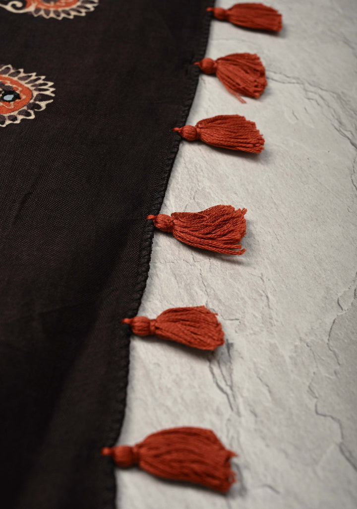 Black Floral Hand Block Print on Modal Silk Saree with Mirror Work