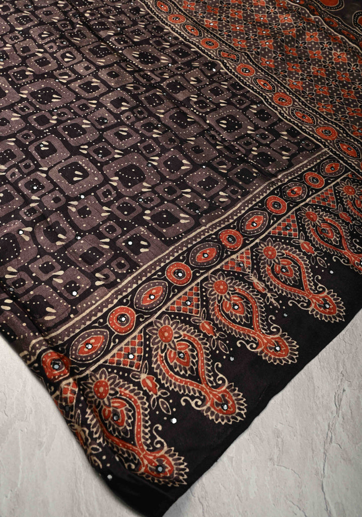 Black Floral Hand Block Print on Modal Silk Saree with Mirror Work