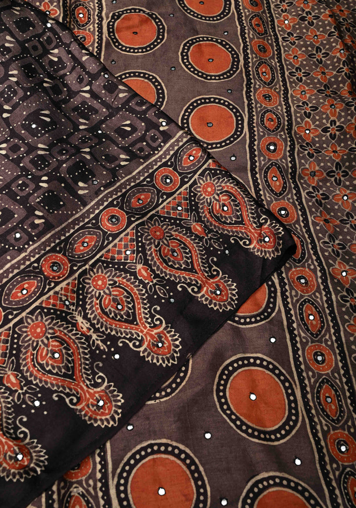 Black Floral Hand Block Print on Modal Silk Saree with Mirror Work