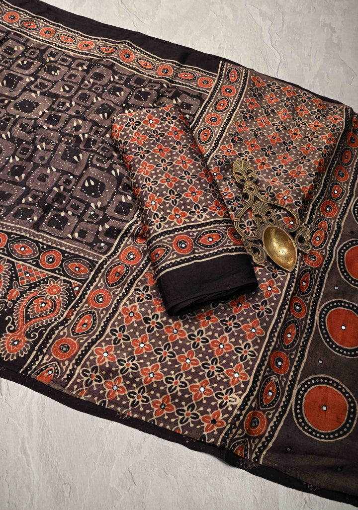 Black Floral Hand Block Print on Modal Silk Saree with Mirror Work