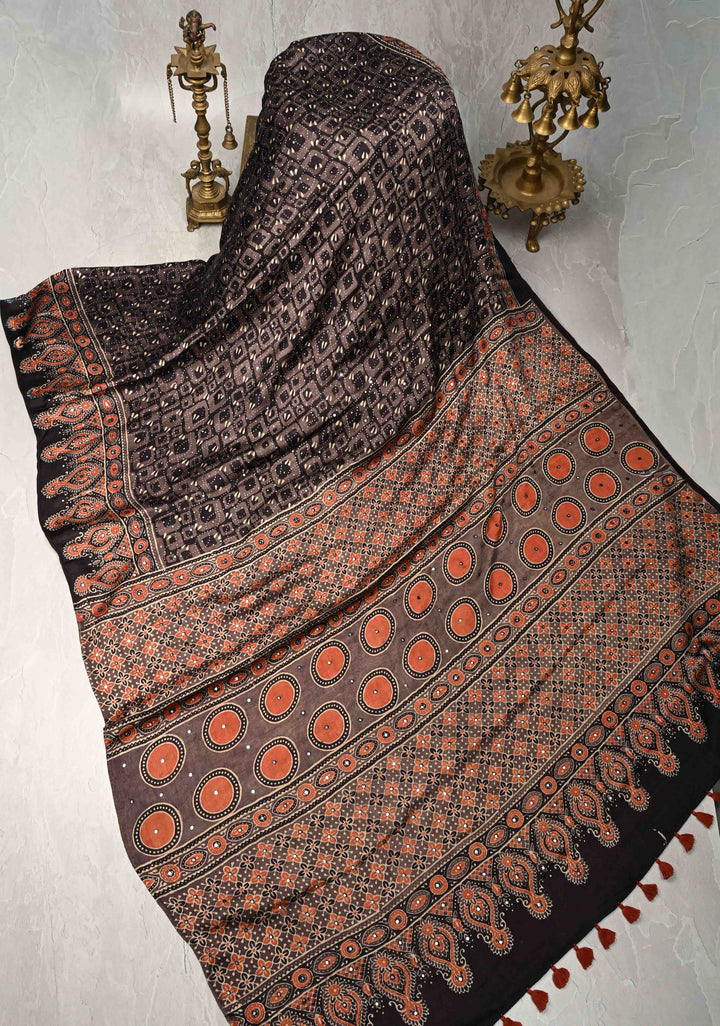 Black Floral Hand Block Print on Modal Silk Saree with Mirror Work