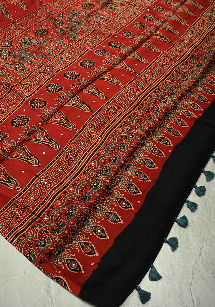 Red Ajrakh Block Print on Modal Saree with Mirror Work