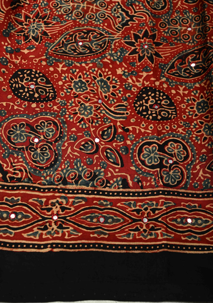 Red Ajrakh Block Print on Modal Saree with Mirror Work