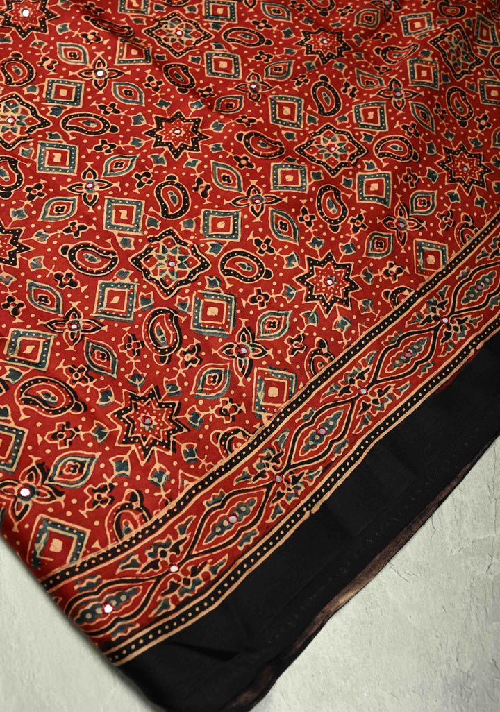 Red Ajrakh Block Print on Modal Saree with Mirror Work