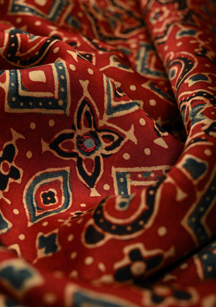 Red Ajrakh Block Print on Modal Saree with Mirror Work