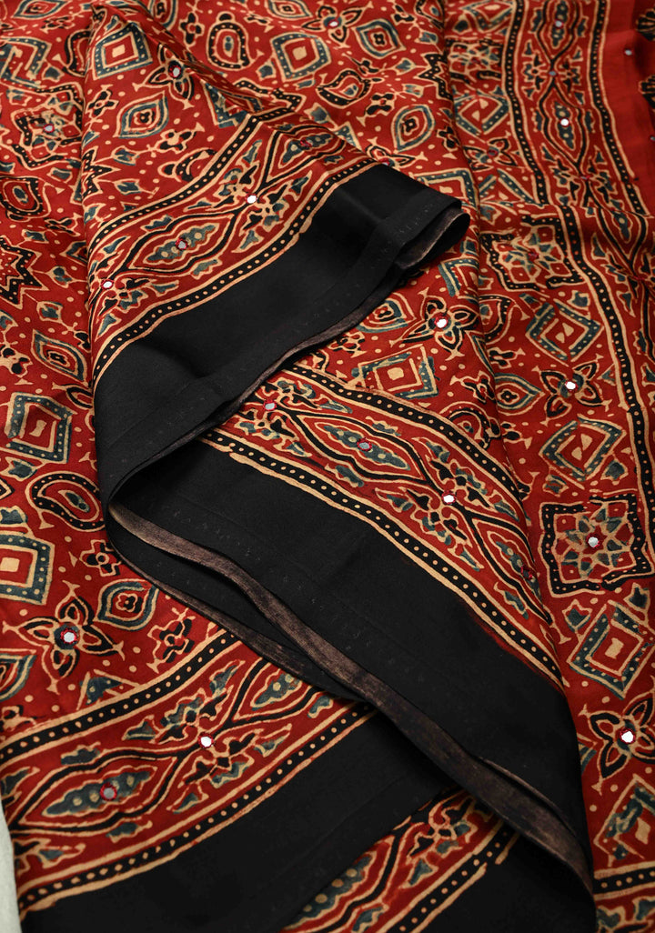 Red Ajrakh Block Print on Modal Saree with Mirror Work