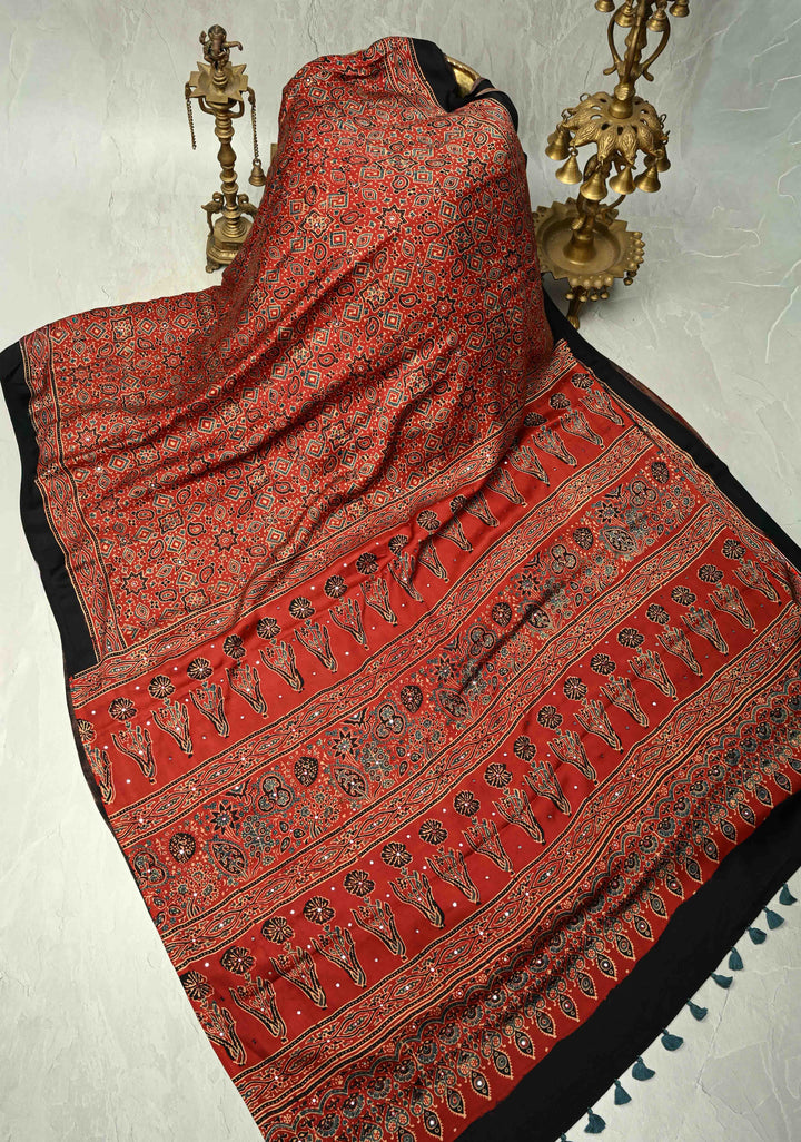 Red Ajrakh Block Print on Modal Saree with Mirror Work