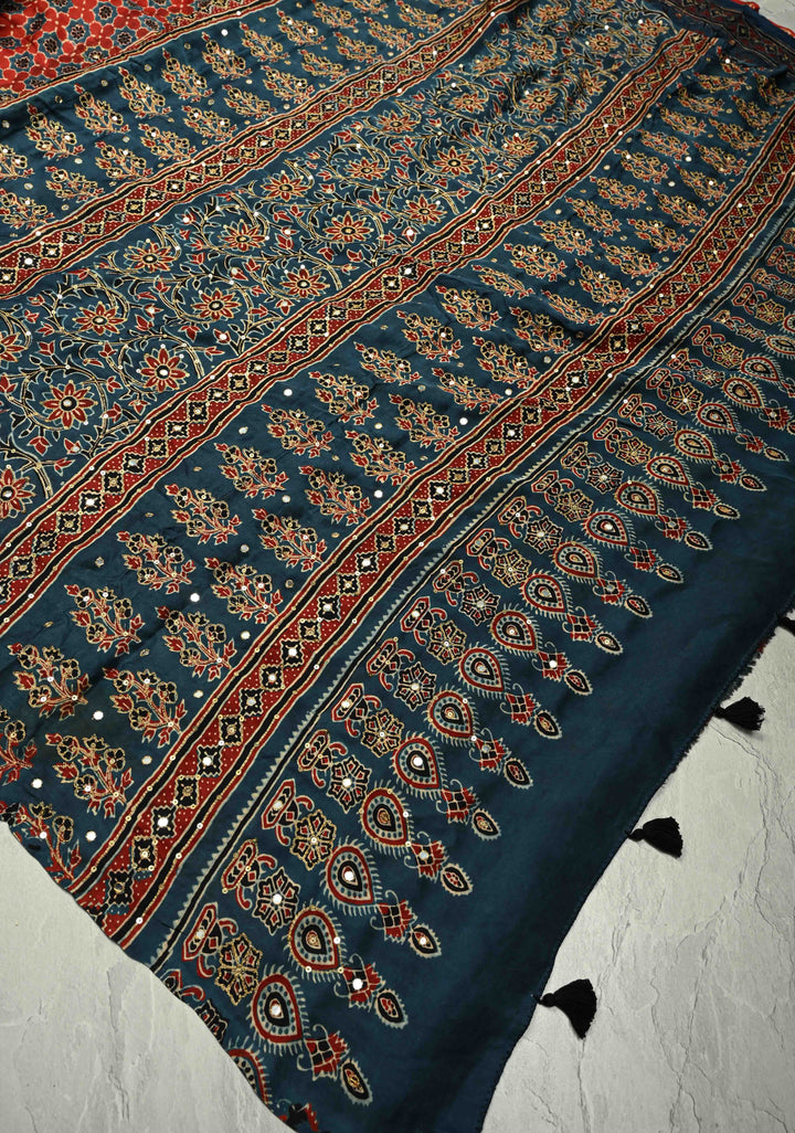 Red Ajrakh Block Print on Modal Saree with Mirror and Ari Work