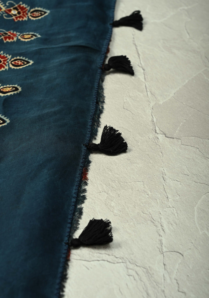 Red Ajrakh Block Print on Modal Saree with Mirror and Ari Work