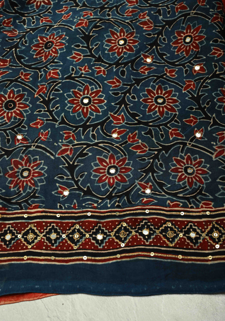 Red Ajrakh Block Print on Modal Saree with Mirror and Ari Work