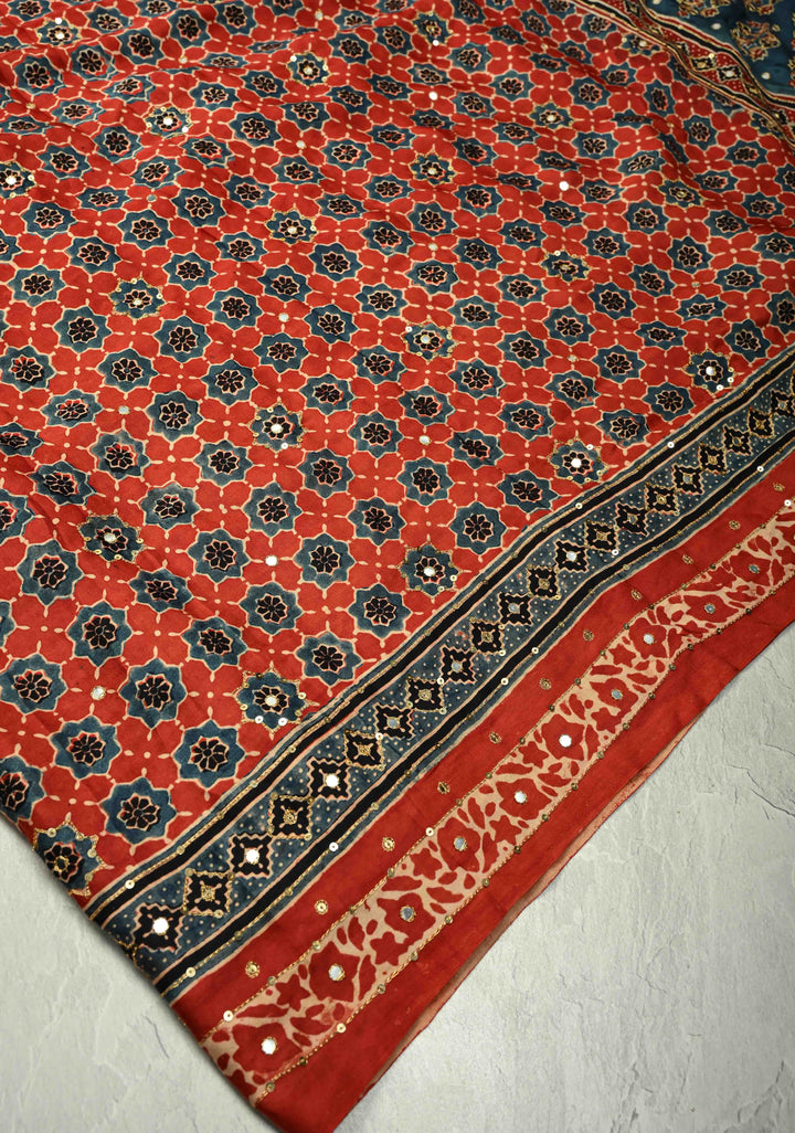 Red Ajrakh Block Print on Modal Saree with Mirror and Ari Work