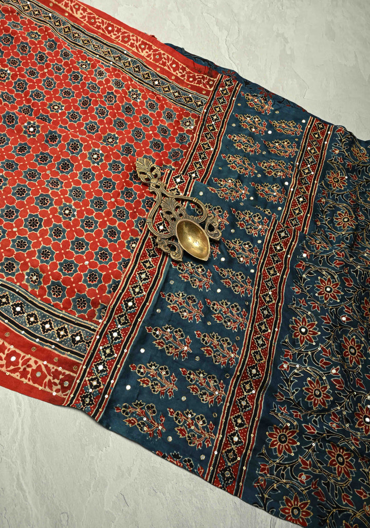 Red Ajrakh Block Print on Modal Saree with Mirror and Ari Work