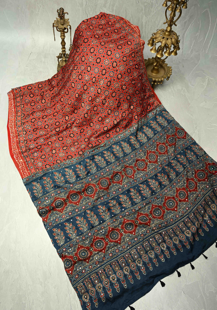 Bright Red Ajrakh Block Print on Modal Saree with Mirror and Ari Work