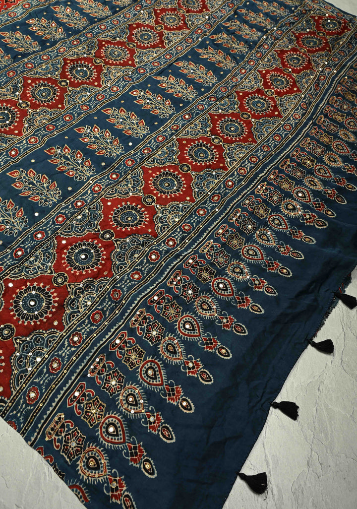 Bright Red Ajrakh Block Print on Modal Saree with Mirror and Ari Work