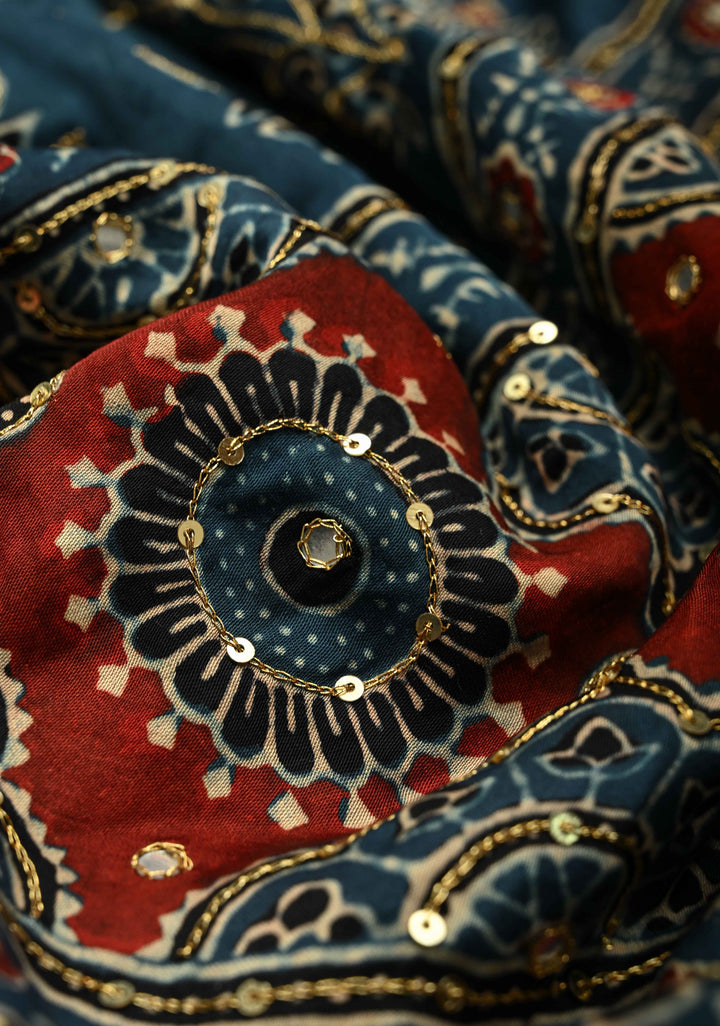 Bright Red Ajrakh Block Print on Modal Saree with Mirror and Ari Work