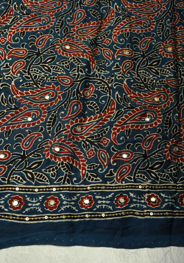 Bright Red Ajrakh Block Print on Modal Saree with Mirror and Ari Work
