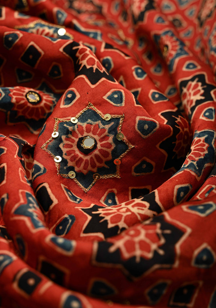Bright Red Ajrakh Block Print on Modal Saree with Mirror and Ari Work
