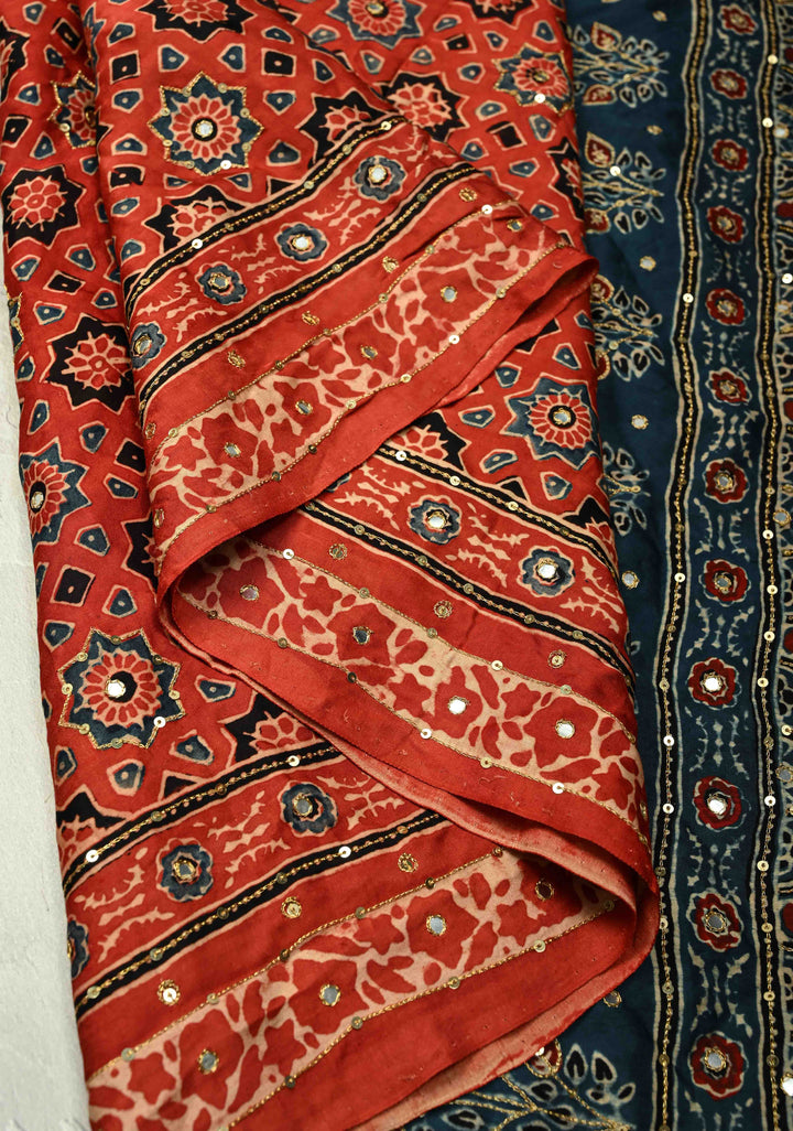 Bright Red Ajrakh Block Print on Modal Saree with Mirror and Ari Work