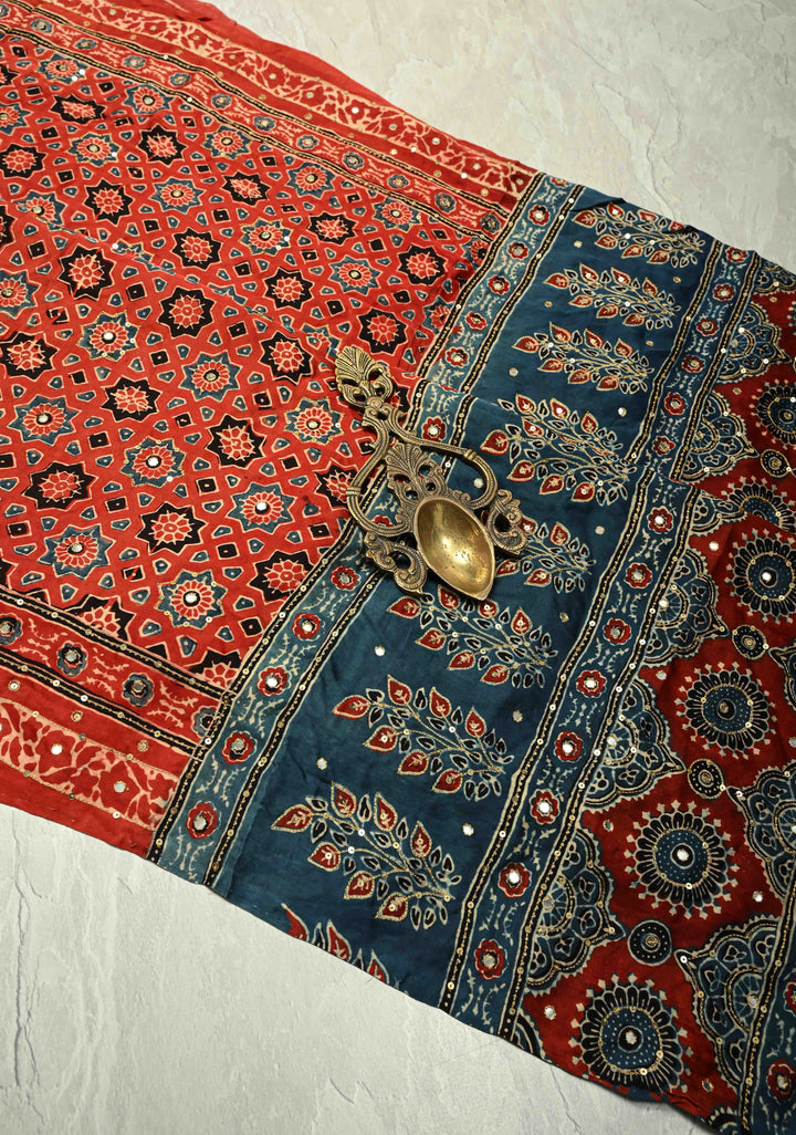 Bright Red Ajrakh Block Print on Modal Saree with Mirror and Ari Work