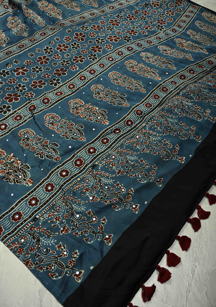 Indigo Ajrakh Block Print on Modal Saree with Mirror Work