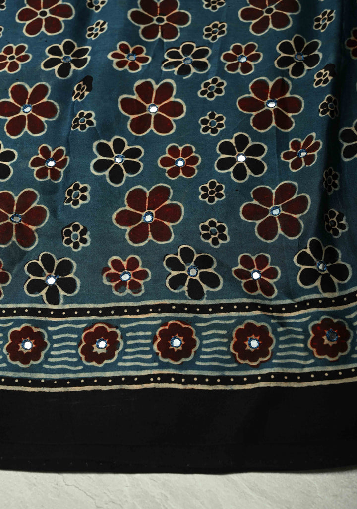 Indigo Ajrakh Block Print on Modal Saree with Mirror Work