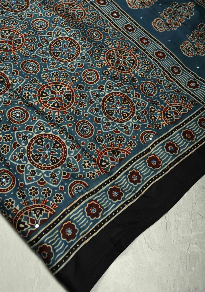 Indigo Ajrakh Block Print on Modal Saree with Mirror Work