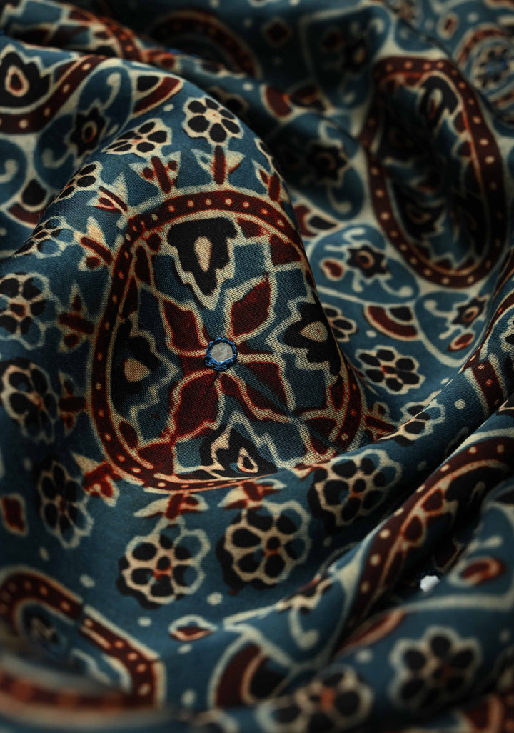 Indigo Ajrakh Block Print on Modal Saree with Mirror Work