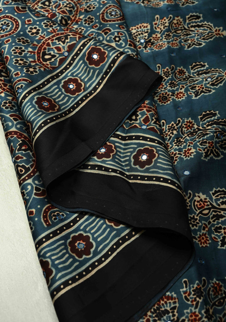 Indigo Ajrakh Block Print on Modal Saree with Mirror Work