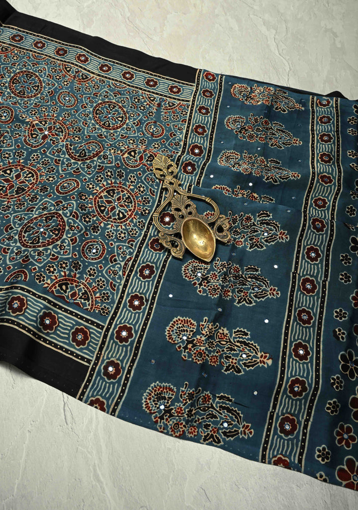Indigo Ajrakh Block Print on Modal Saree with Mirror Work