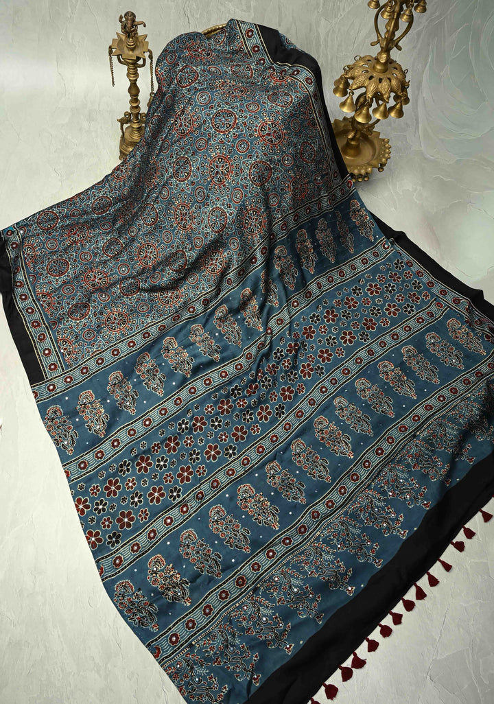 Indigo Ajrakh Block Print on Modal Saree with Mirror Work