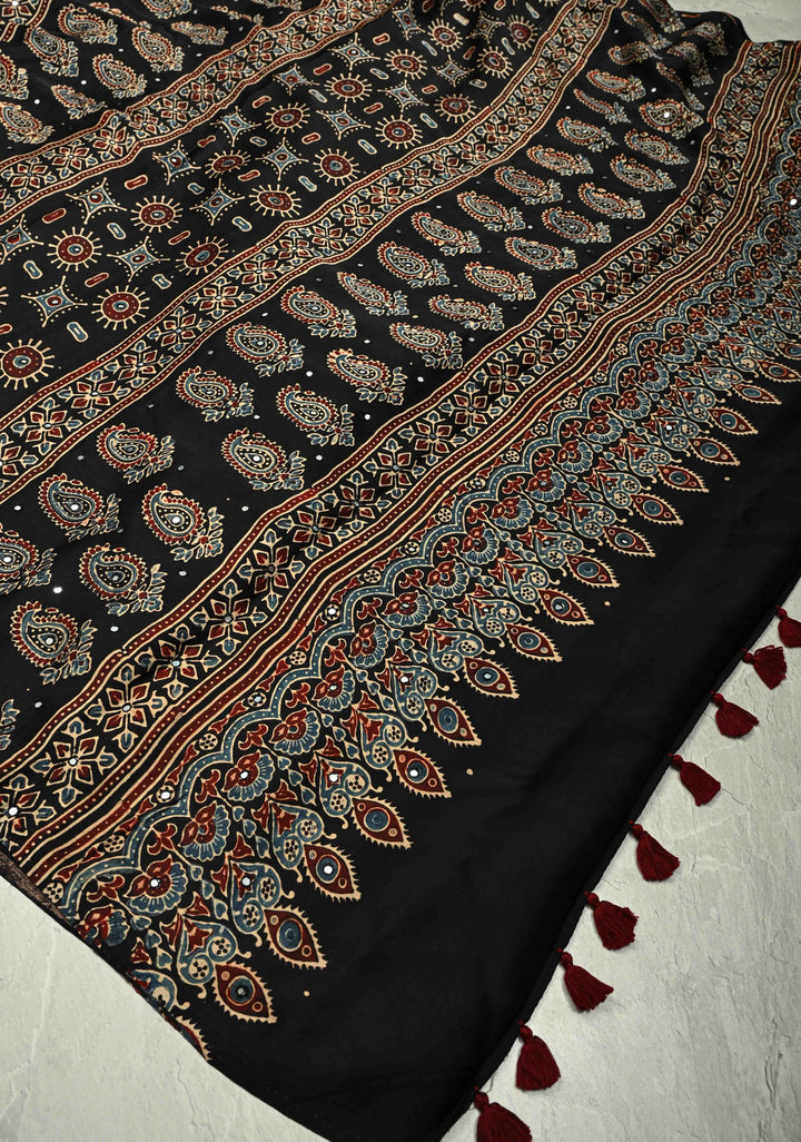 Black Ajrakh Block Print on Modal Saree with Mirror Work