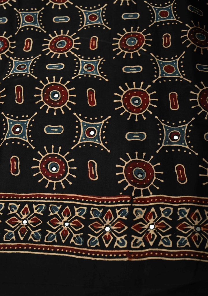Black Ajrakh Block Print on Modal Saree with Mirror Work