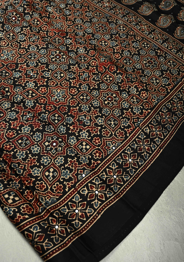 Black Ajrakh Block Print on Modal Saree with Mirror Work