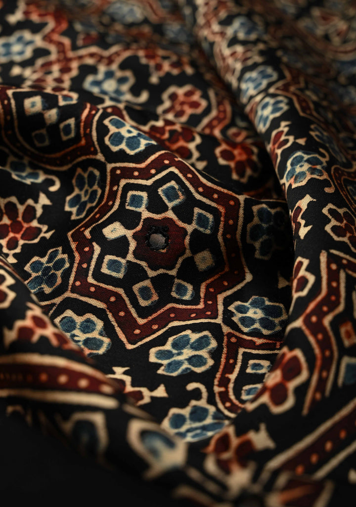 Black Ajrakh Block Print on Modal Saree with Mirror Work