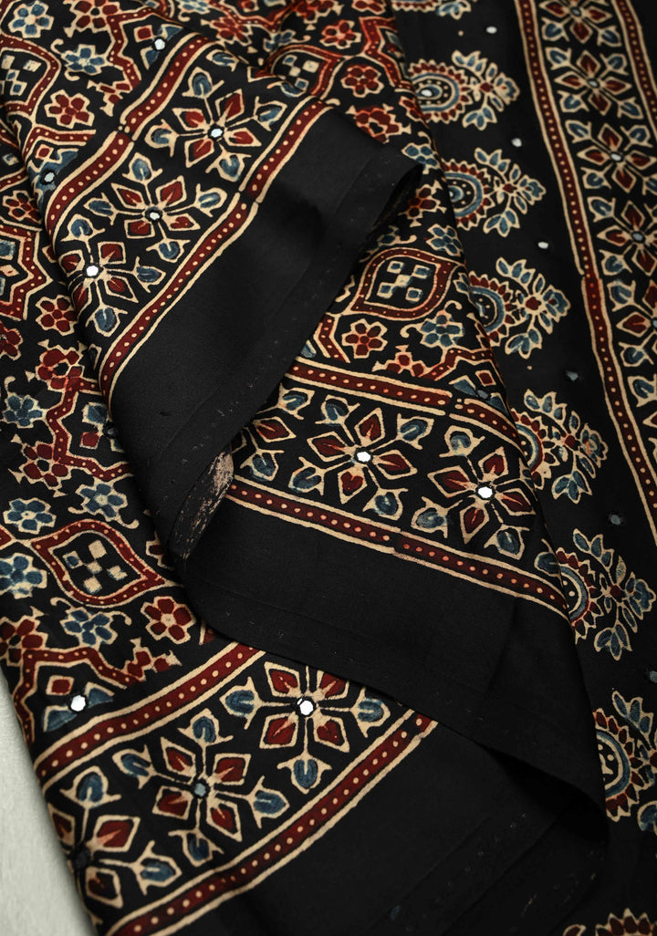 Black Ajrakh Block Print on Modal Saree with Mirror Work