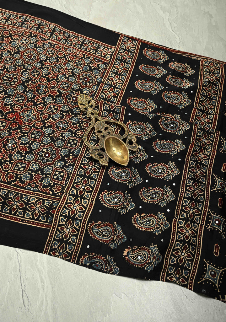 Black Ajrakh Block Print on Modal Saree with Mirror Work