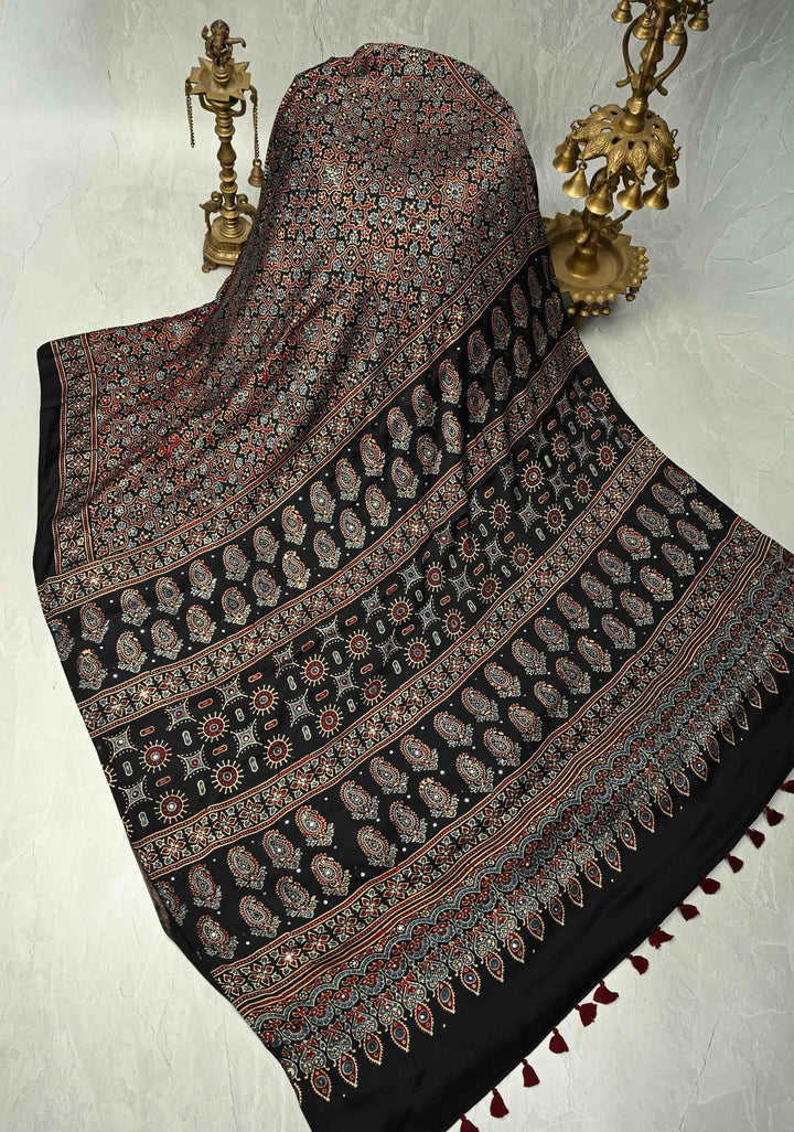 Black Ajrakh Block Print on Modal Saree with Mirror Work