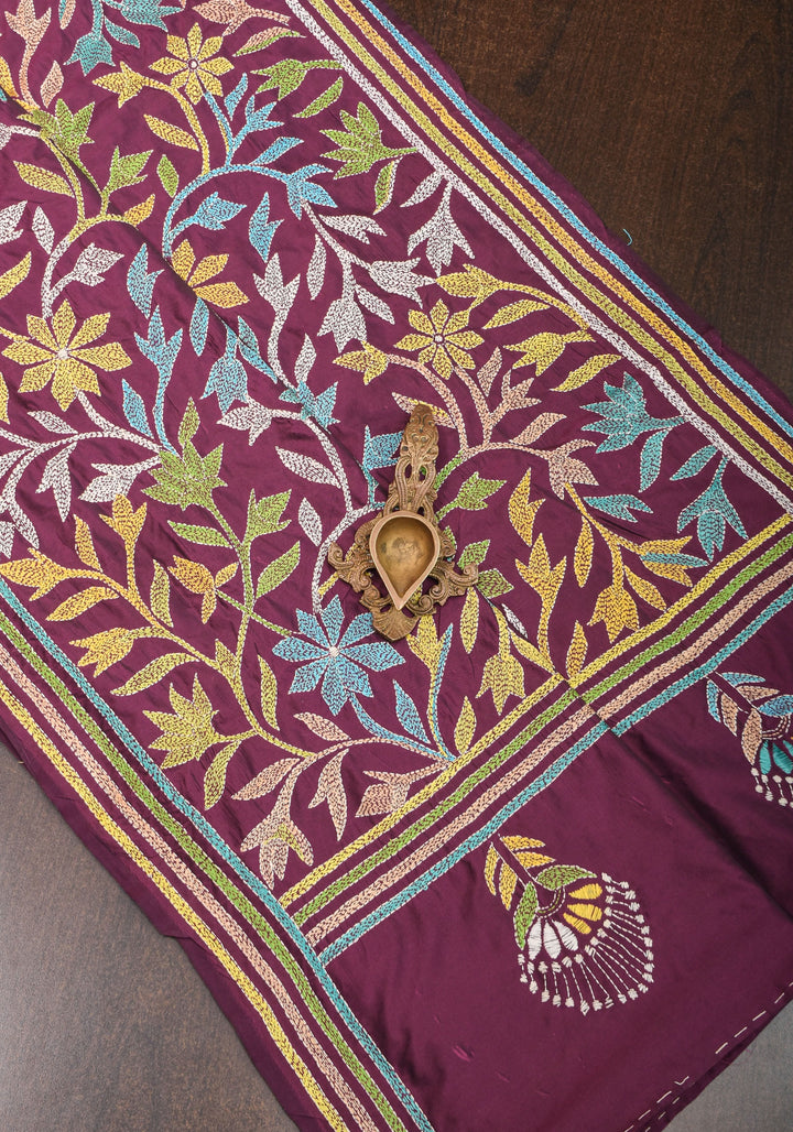 Dense Kantha Hand Embroidery with Rising Border and Heavy Pallu on Plum Art Silk Saree