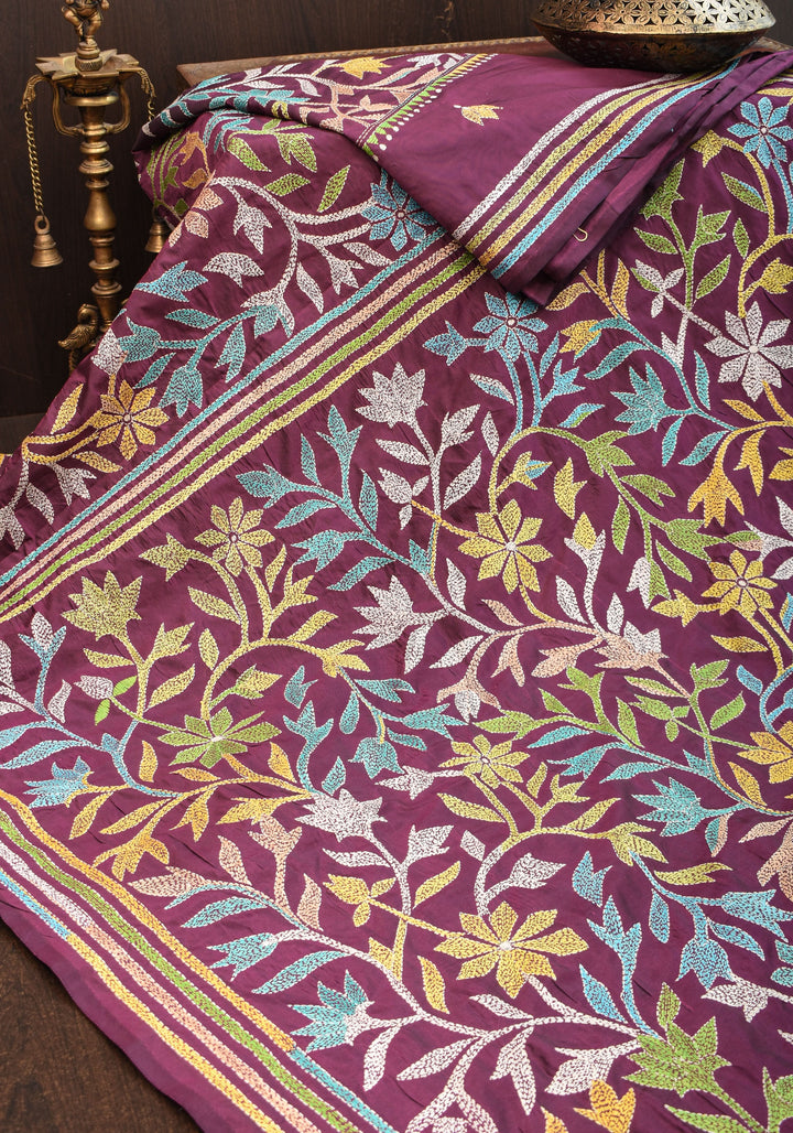 Dense Kantha Hand Embroidery with Rising Border and Heavy Pallu on Plum Art Silk Saree