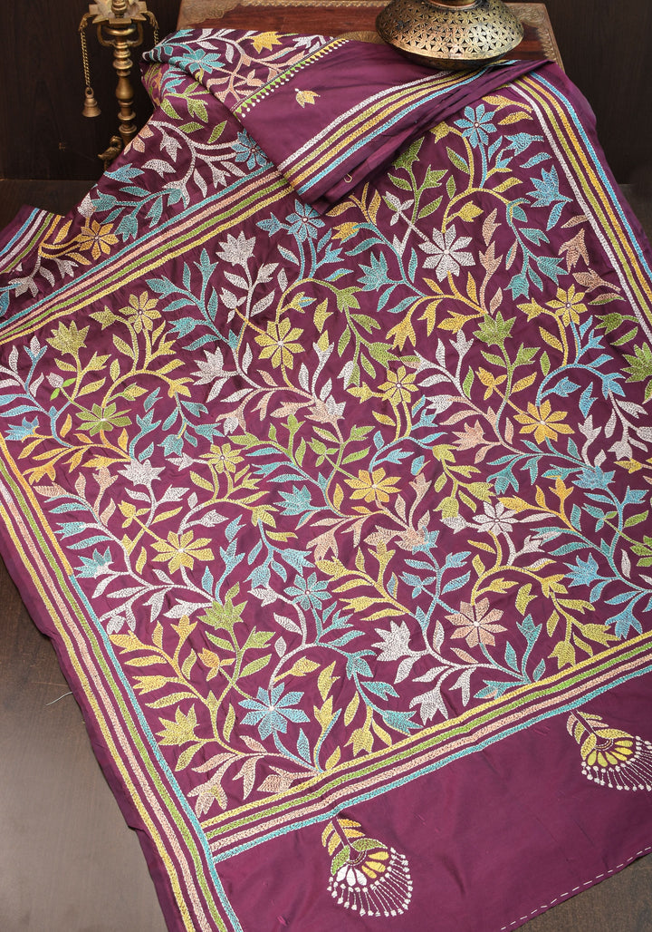 Dense Kantha Hand Embroidery with Rising Border and Heavy Pallu on Plum Art Silk Saree