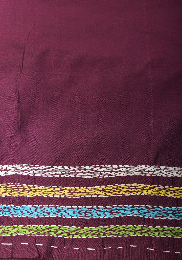 Dense Kantha Hand Embroidery with Rising Border and Heavy Pallu on Plum Art Silk Saree