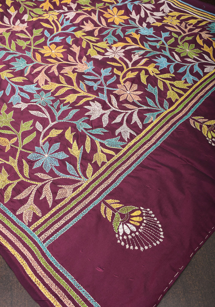 Dense Kantha Hand Embroidery with Rising Border and Heavy Pallu on Plum Art Silk Saree