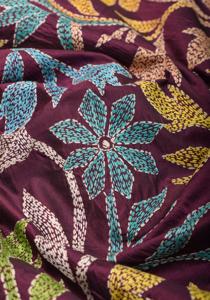 Dense Kantha Hand Embroidery with Rising Border and Heavy Pallu on Plum Art Silk Saree