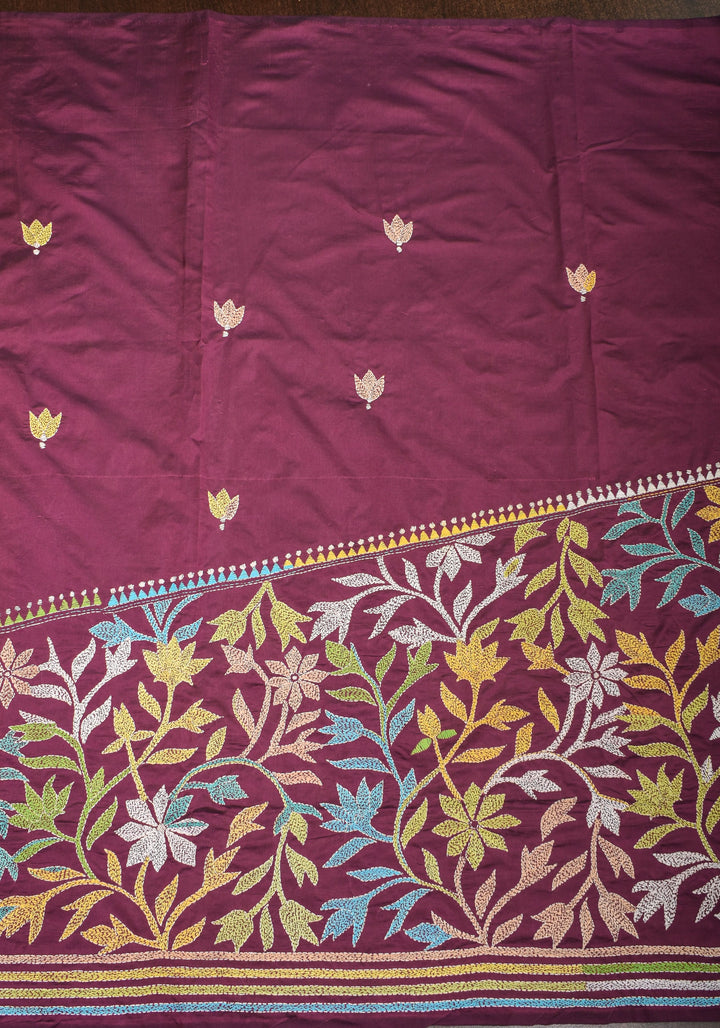 Dense Kantha Hand Embroidery with Rising Border and Heavy Pallu on Plum Art Silk Saree