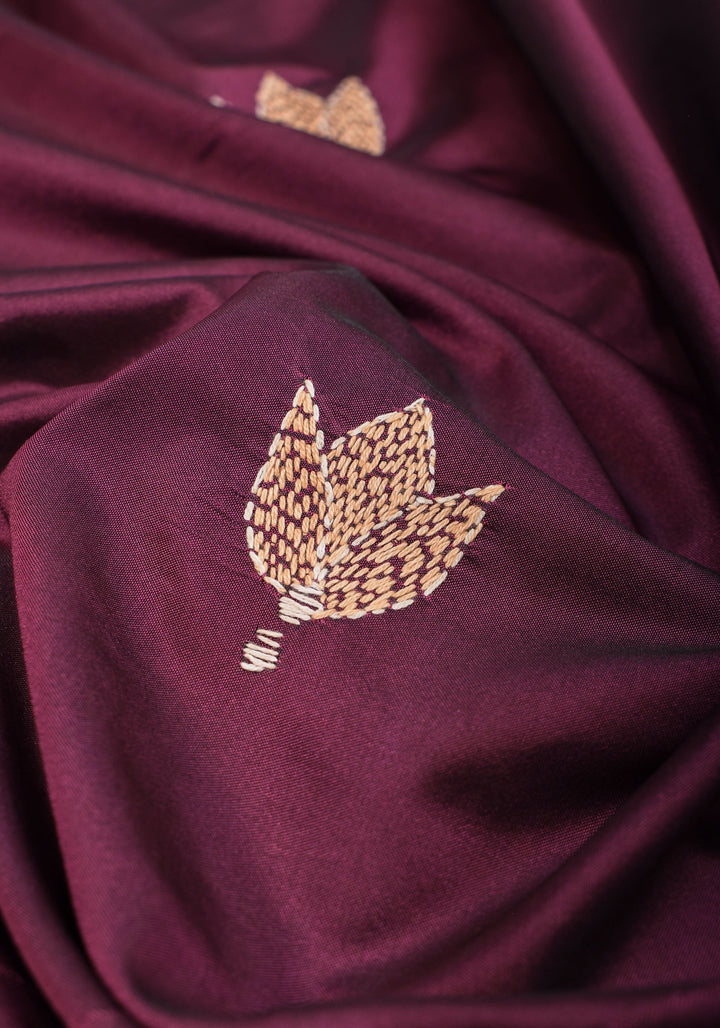 Dense Kantha Hand Embroidery with Rising Border and Heavy Pallu on Plum Art Silk Saree