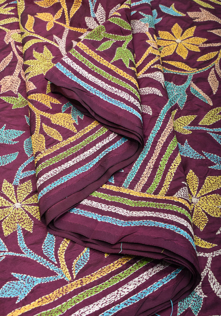 Dense Kantha Hand Embroidery with Rising Border and Heavy Pallu on Plum Art Silk Saree