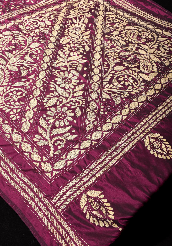 Plum Art Silk Saree with Cream Kantha Embroidery Floral Jaal with Paisley Vines Pallu